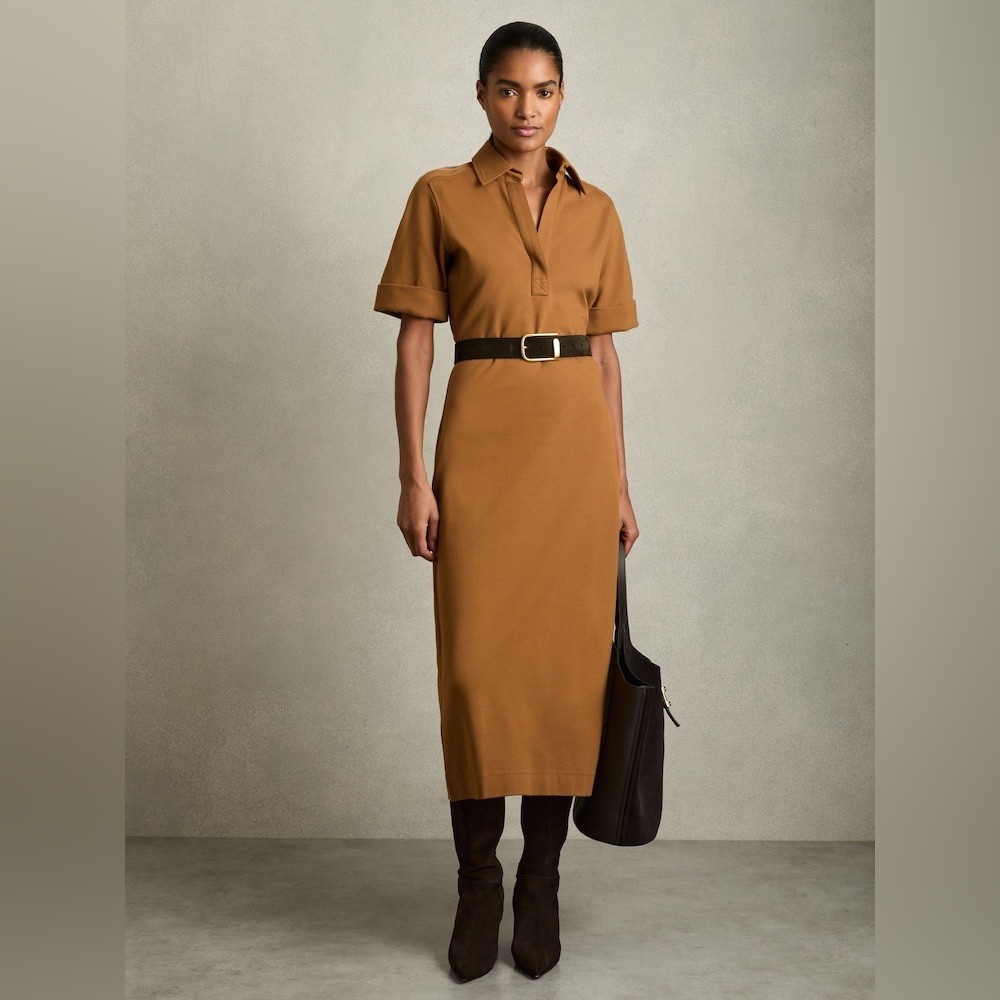 Reiss Mustard Astrid Jersey Open-Collar Bodycon Dress